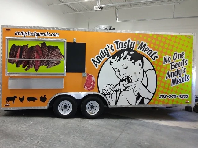 Full wrap on food trailer for Andys Tasty Meats